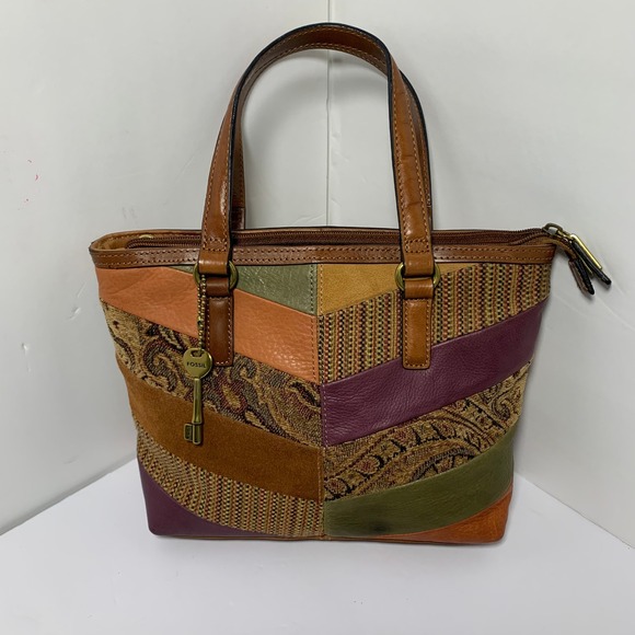 Fossil Patchwork Leather Tapestry Tote Bag Multicolor Boho Style Purse 75082 - Picture 1 of 16